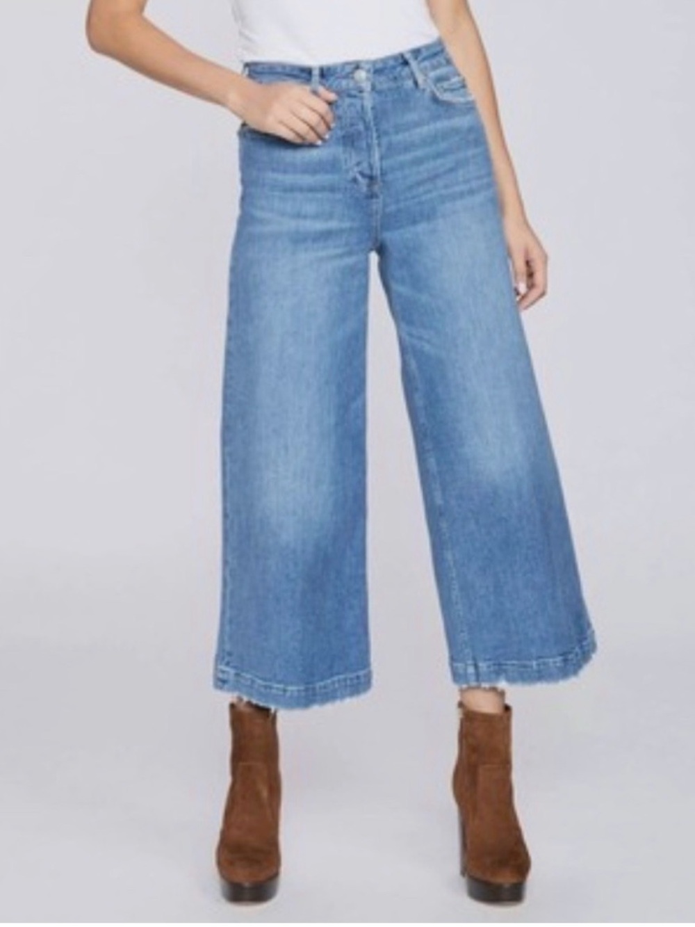 Paige Frankie Covered Button Fly Distressed Wide Leg Cropped Denim Jeans Size 32